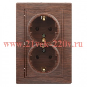 Розетка Intro Plano 1-205-10 с заземлением двойная 2X2P+E Schuko, 16А-250В, IP20, СУ, венге