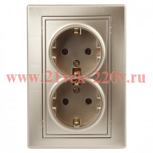 Розетка Intro Plano 1-205-04 с заземлением двойная 2X2P+E Schuko, 16А-250В, IP20, СУ, шампань