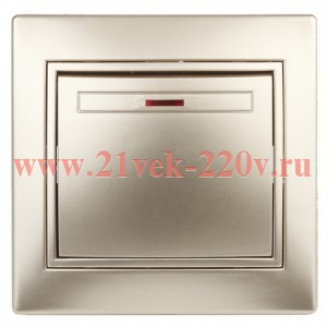 Выключатель Intro Plano 1-102-04 одноклавишный с подсветкой, 10А-250В, IP20, СУ, шампань