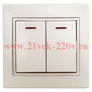 Выключатель Intro Plano 1-105-02 двухклавишный с подсветкой, 10А-250В, IP20, СУ, слоновая кость