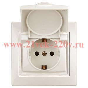 Розетка Intro Plano 1-203-02 с заземлением 2P+E Schuko с крышкой, 16А-250В, IP20, СУ, слоновая кость