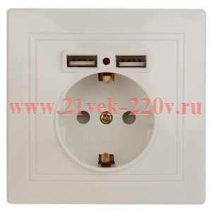 Розетка Intro Plano 1-410-02 с заземлением 2P+E Schuko со шторками, 16А-250В + 2хUSB 5В-2,1А, IP20,