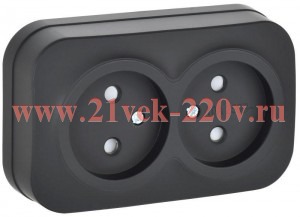 Розетка 2-ая ИЭК GLORY без заземления со шторками открытой установки 10А РСш22-2-ХЧм черный матовый ERH23-K02M-10