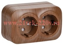 Розетка 2-ая с заземлением и шторками открытой установки 16А РСш22-3-ХД GLORY IEK дуб ERH24-K24-16