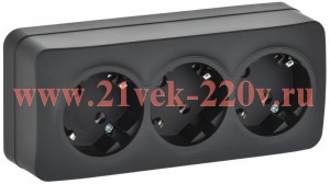 Розетка 3-ая ИЭК GLORY с заземлением без шторок открытой установки 16А РС23-3-ХЧм черный матовый ERH31-K02M-16