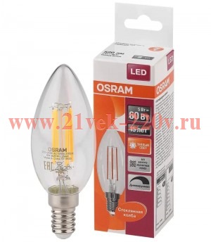 Лампа филаментная светодиодная свеча Osram LED SCL B 60 DIM 5W/827 230V CL E14 520lm Filament