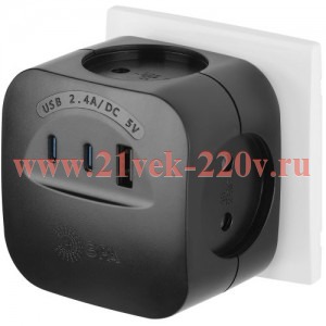 Разветвитель 4-м SP-4-3USBAC-B + 3 USB A+C со шторками 10А чер. Эра Б0069084