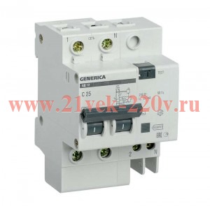 Дифференциальный автомат 2П C25А 100мА тип АС однофазный электронный 4,5кА АД12 GENERICA ИЭК (дифавтомат, АВДТ)