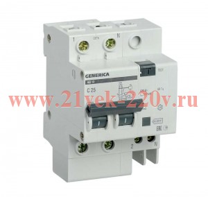 Дифференциальный автомат 2П C25А 300мА тип АС однофазный электронный 4,5кА АД12 GENERICA ИЭК (дифавтомат, АВДТ)