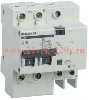 Дифференциальный автомат 2П C40А 100мА тип АС однофазный электронный 4,5кА АД12 GENERICA ИЭК (дифавтомат, АВДТ)
