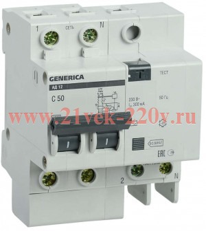 Дифференциальный автомат 2П C50А 300мА тип АС однофазный электронный 4,5кА АД12 GENERICA ИЭК (дифавтомат, АВДТ)