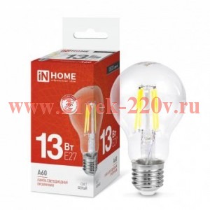 Лампа светодиодная LED-A60-deco 13Вт грушевидная прозрачная 4000К нейтр. бел. E27 1370лм 230В IN HOM