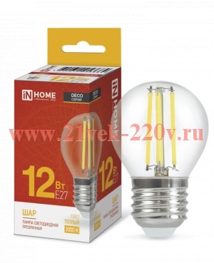 Лампа светодиодная LED-ШАР-deco 12Вт 230В E27 3000К 1350лм прозрачная IN HOME 4690612053684
