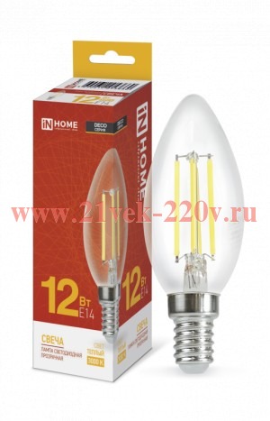 Лампа светодиодная LED-СВЕЧА-deco 12Вт 230В E14 3000К 1350лм прозрачная IN HOME 4690612053660