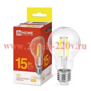 Лампа светодиодная LED-A60-deco грушевидная прозрачная 15Вт 230В E27 3000К 1480лм IN HOME 4690612055