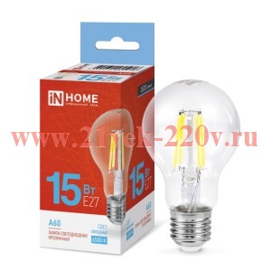 Лампа светодиодная LED-A60-deco грушевидная прозрачная 15Вт 230В E27 6500К 1480лм IN HOME 4690612055