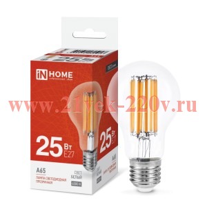 Лампа светодиодная LED-A65-deco грушевидная прозрачная 25Вт 230В E27 4000К 2480лм IN HOME 4690612055