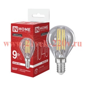 Лампа светодиодная LED-ШАР-deco 9Вт 230В Е14 4000К 1040лм прозрачная IN HOME 4690612063324