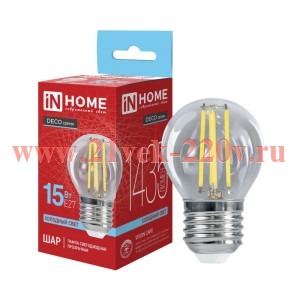 Лампа светодиодная LED-ШАР-deco 15Вт 230В Е27 6500К 1435лм прозрачная IN HOME 4690612063379