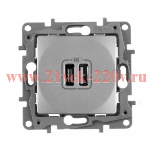 Зарядное устройство с двумя USB-разьемами тип A-С 240В/5В 3000мА Legrand Etika алюминий