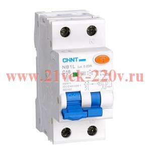 Дифференциальный автомат Chint NB1L С10А 1P+N 30мА тип AC однофазный электромеханический 10кА 2м (дифавтомат, АВДТ) 203105