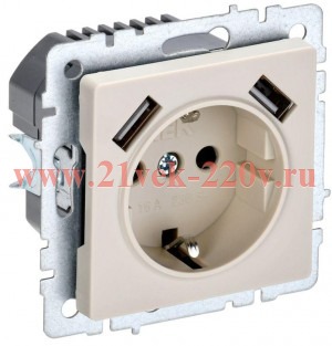 Зарядка ИЭК BRITE розетка 2Р+Е со шторками 16А с USB A+A 2,1А бежевый (РЮш10-1-БрКр) BR-R14-16-U21-D21-K10