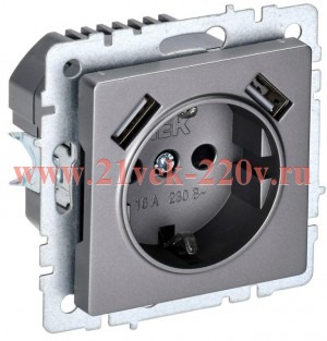 Розетка BRITE РЮш10-2-БрС 16А с USB A+A 3.1А с заземл. защ. шторки сталь IEK BR-R14-16-U21-D31-K46