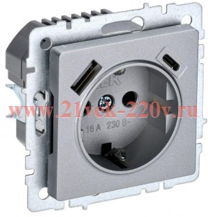 Зарядка ИЭК BRITE розетка 2Р+Е со шторками 16А с USB A+С 3,1А алюминий (РЮш11-1-БрА) BR-R14-16-U22-018-K47