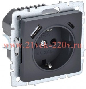 Зарядка ИЭК BRITE розетка 2Р+Е со шторками 16А с USB A+С 3,1А графит (РЮш11-1-БрГ) BR-R14-16-U22-018-K53