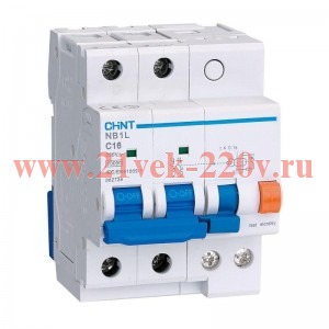 Дифференциальный автомат Chint NB1L С16А 2P 30мА тип AC однофазный электромеханический 10кА 3м (дифавтомат, АВДТ) 205091