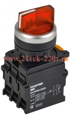 Переключатель 3 полож. 2НО с подсв. красн. MASTER IEK MI-SW60-20XD-4-14-3-K04