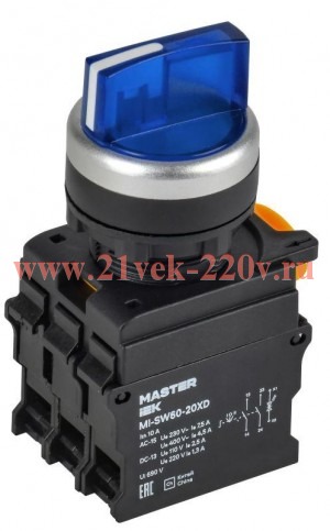 Переключатель 3 полож. 2НО с подсв. син. MASTER IEK MI-SW60-20XD-4-14-3-K07