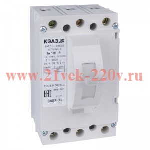 Выключатель автоматический 3п 100А 800lm 100кА ВА57-31-340010 690AC УХЛ3 РЕГ КЭАЗ 413736