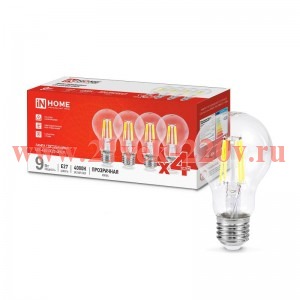 Лампа светодиодная LED-A60-deco 4PACK 9Вт прозрачная 230В E27 4000К 1040лм (уп.4шт) IN HOME 46906120