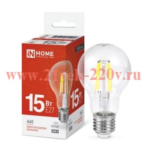 Лампа светодиодная LED-A60-deco грушевидная прозрачная 15Вт 230В E27 4000К 1480лм IN HOME 4690612055