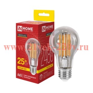 Лампа светодиодная LED-A65-deco 25Вт прозр. 3000К E27 2480лм 230В IN HOME 4690612063188