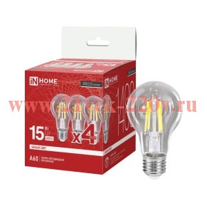 Лампа светодиодная LED-A60-deco 4PACK 15Вт прозр. 4000К E27 1480лм 230В (уп.4шт) IN HOME 46906120632
