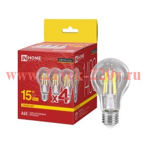 Лампа светодиодная LED-A60-deco 4PACK 15Вт прозр. 3000К E27 1480лм 230В (уп.4шт) IN HOME 46906120632