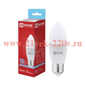 Лампа светодиодная LED-СВЕЧА-VC 18Вт 6500К E27 1620лм 230В IN HOME 4690612065335