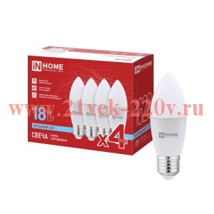 Лампа светодиодная LED-СВЕЧА-VC 4PACK 18Вт 6500К E27 1620лм 230В (уп.4шт) IN HOME 4690612066752