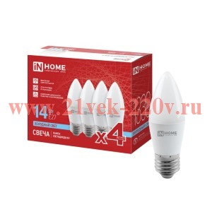 Лампа светодиодная LED-СВЕЧА-VC 4PACK 14Вт 6500К E27 1330лм 230В (уп.4шт) IN HOME 4690612066738