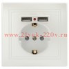 Розетка Intro Plano 1-410-06 с заземлением 2P+E Schuko со шторками, 16А-250В + 2хUSB 5В-2,1А, IP20,