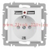 Розетка Intro Accent 6-410-01М , P+E Schuko со шторками, 16А-250В + 2хUSB, IP20, СУ, белый матовый